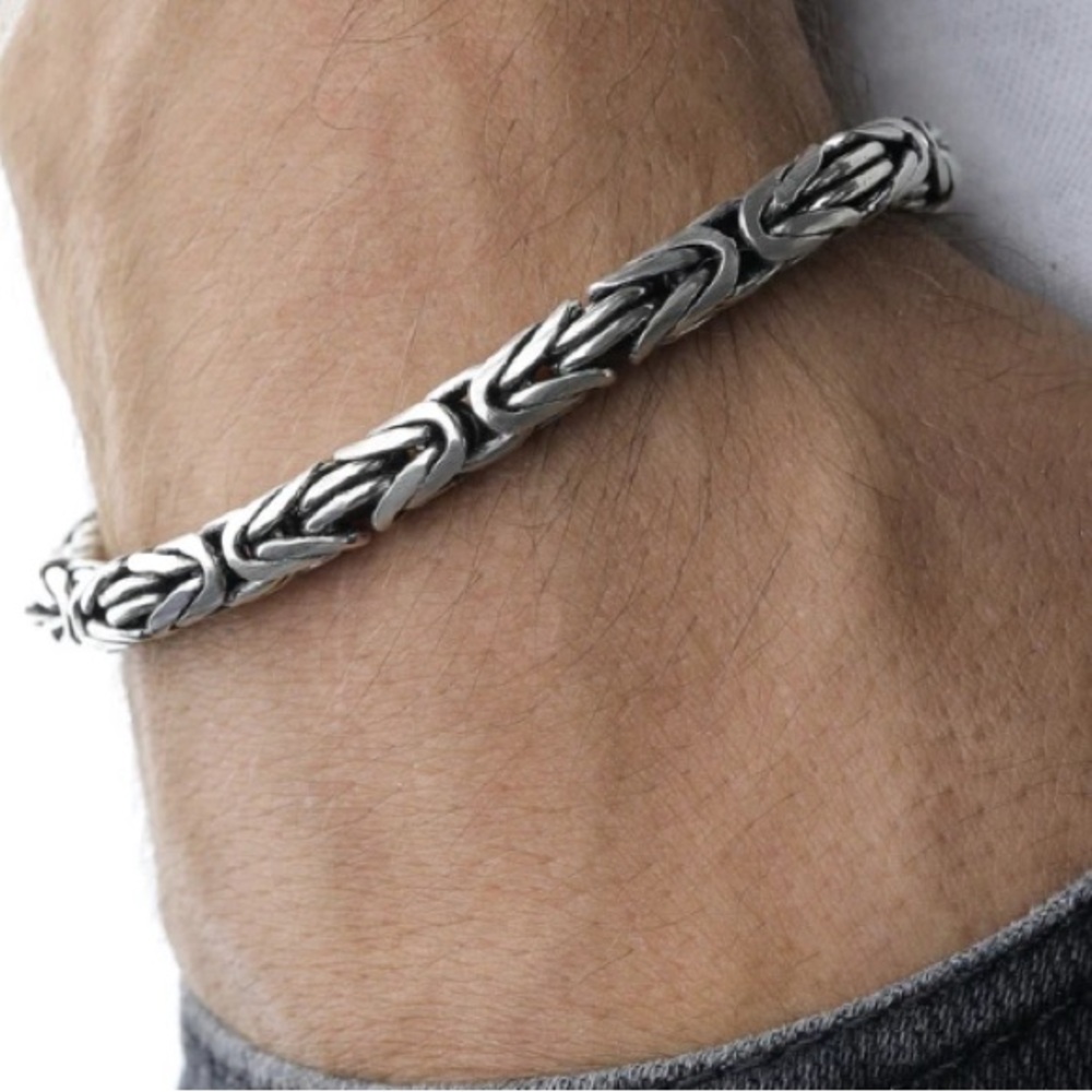 925 Sterling Silver Round King Chain Bracelet, Byzantine 8 1/2” 5mm